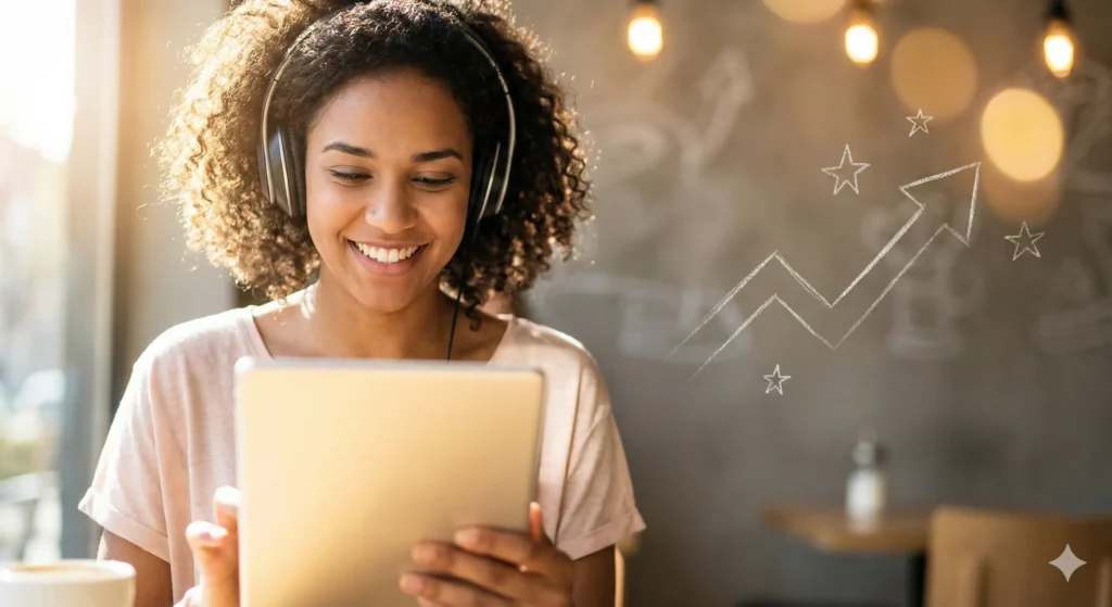 Uśmiechnięty uczeń osiągający postępy w nauce angielskie online z wykorzystaniem nowoczesnych technologii.