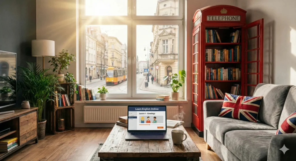 Domowe zacisze przygotowane do nauki angielskie online metodą immersji.