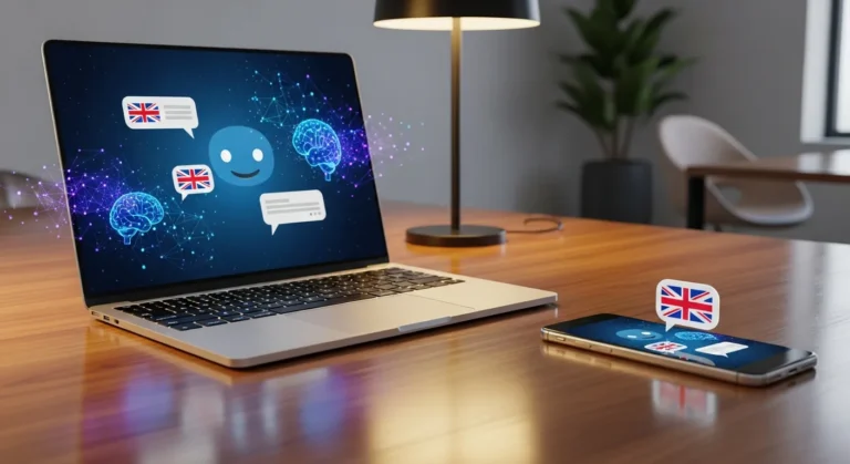 Młoda osoba korzystająca z laptopa do nauki angielskie online przy wsparciu sztucznej inteligencji.