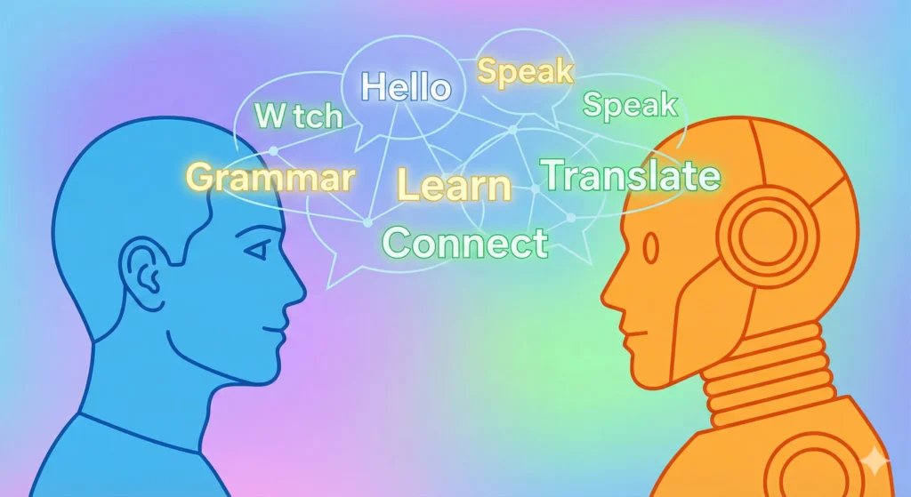 Ilustracja przedstawiająca wydawanie poleceń sztucznej inteligencji podczas nauki angielskie online.