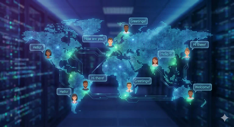 Mapa świata symbolizująca przełamywanie barier językowych dzięki platformom angielskie online.