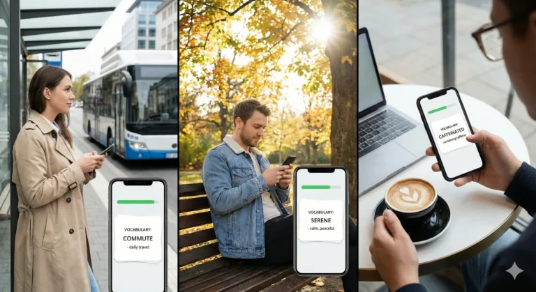 Wykorzystanie wolnych chwil w ciągu dnia na naukę angielskie online przez aplikację mobilną.