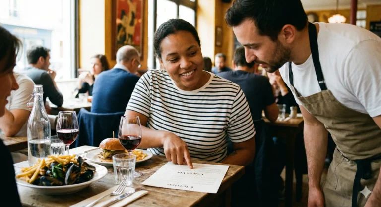 Turysta składający zamówienie w restauracji dzięki nauce angielskie online.